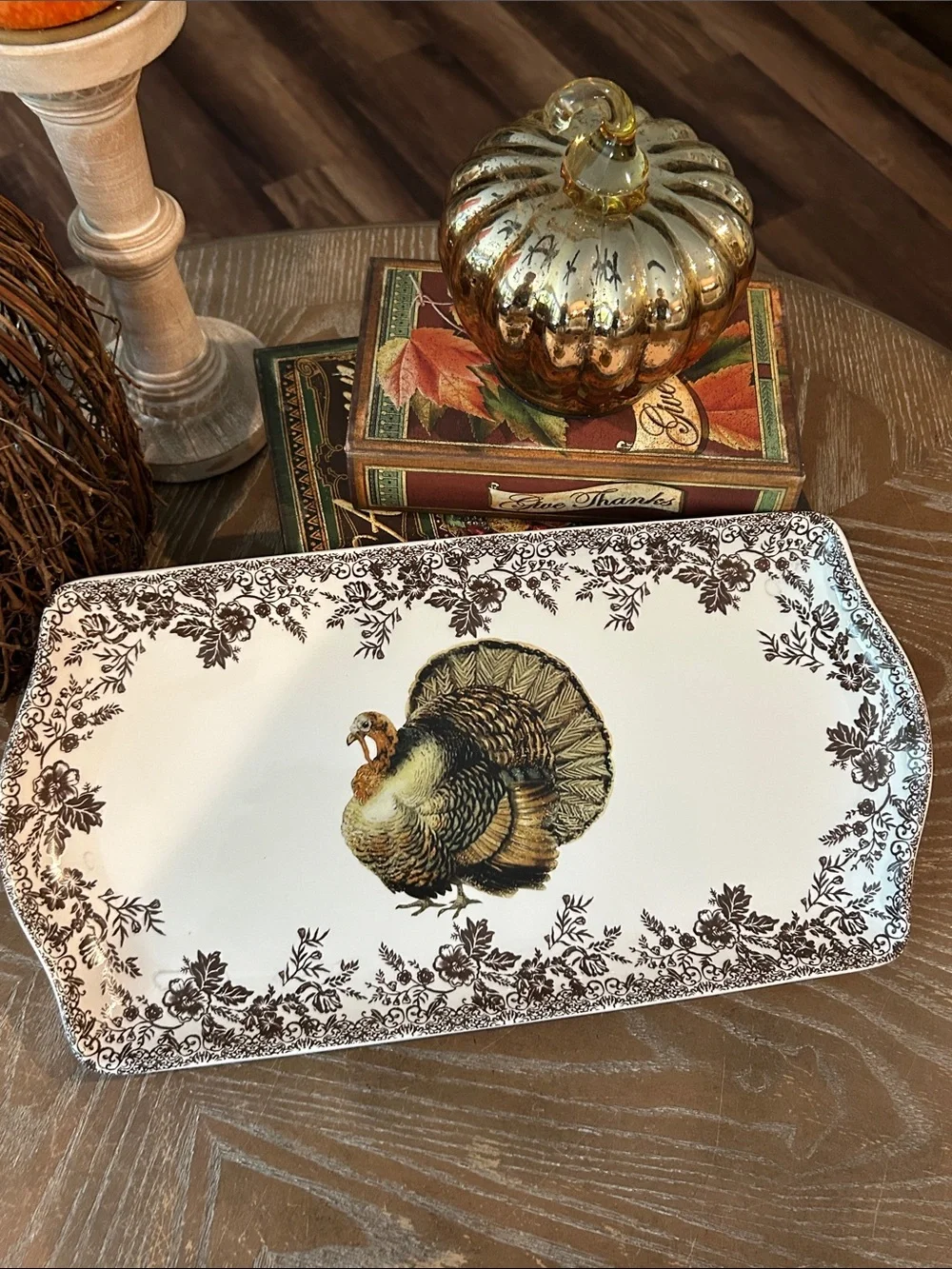 NEW! Fall Harvest Toile Ceramic Thanksgiving Turkey Serving Platter Tray